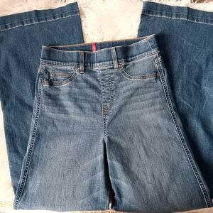 Spanx High Rise Pull On Vintage Indigo Blue Denim Seam Front Wide Leg Jeans